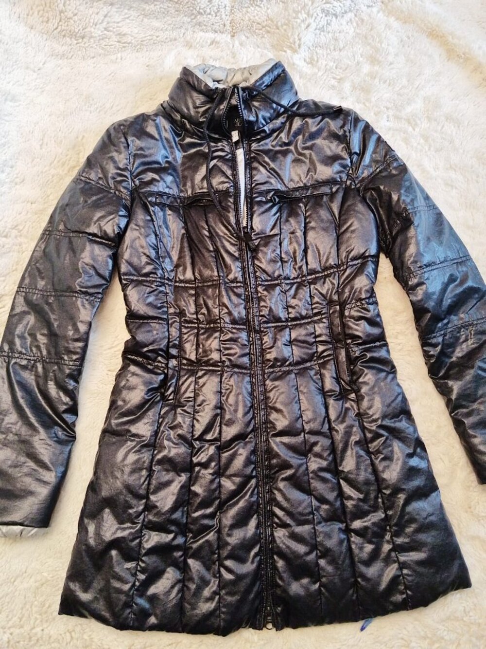 Armani Jeans Shiny Black Puffer Jacket-Metallic Silver Lining-Women's Sz4- EU40